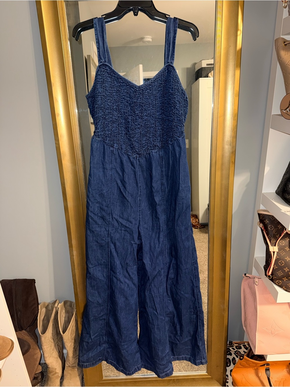 American Eagle Outfitters Navy Smocked Wide-Leg Jumpsuit